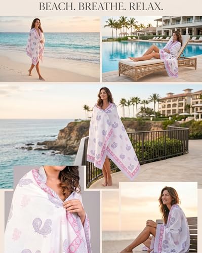 Beach Cover Ups for Women, Cotton Sarong Wrap Pareo | 100% Cotton Sarong Wraps For Women, 73 x 44 In. Pareo Beach Wrap, Bikini Cover Up, Bathing Suit Cover Up, Resort Wear - color: Pink Block