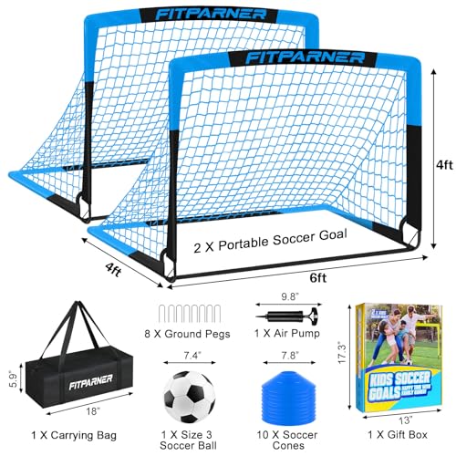 Kids Soccer Goals for Backyard Set - 2 Pack of Portable Pop Up Soccer Nets with Ball,Cones,Complete Training Equipment Kit for Toddler,Youth,Kids Age 3-14,Outdoor Sports Game - color: Blue Black, style: 6x4 FT