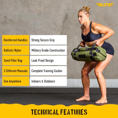 Elite Sports Workout Sandbag for Versatile, Intensive Core Muscles Fitness, Strength Training with Strategic Handle Placement (Unfilled) - color: Green, size: 25 TO 50 lbs (1 count)