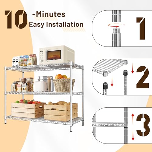 3- Shelf Metal Shelving Unit 35.6Wx14Dx36H,Adjustable Storage Shelves Heavy Duty Garage Steel Shelving for Office,Wire Rack Small Shelf for Kitchen Shelves Laundry Bathroom Pantry Closet,Chrome - size: Chrome-35.6"Wx14"Dx36"H