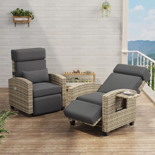 GarveeLife Outdoor Recliner Chair, PE Wicker Lounge Chair with Adjustable 145° Lay-Flat Backrest, Independent Footrest & Side Table, Plush Cushion for Patio, Poolside, Backyard in Gray - color: Grey Rattan /Grey Cushion