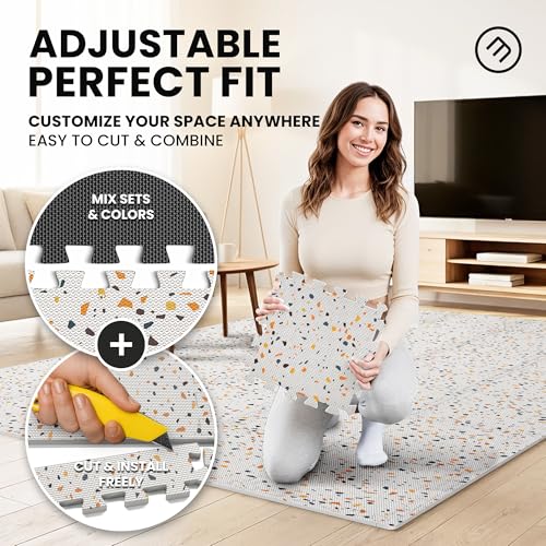 bemaxx Gym Mats Set - 18 pcs EVA Interlocking Foam Floor Tiles (12.6"x12.6"x0.4") 18sqft Protective Gym Flooring Sports Home Workout Exercise Mats Puzzle Garage Fitness Play-Room Pool Treadmill Bike - color: Terrazzo, size: 18 Tiles | 18 sq ft