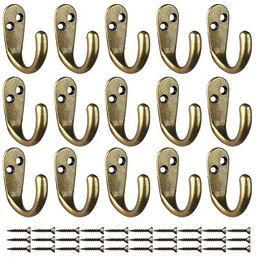 IBosins 15PCS Coat Hooks Wall Mounted Single Prong Robe Hook for Hanging Towel Hooks with 30 Screws for Bags, Hat, Cap, Scarf, Cup - color: Antique Brass