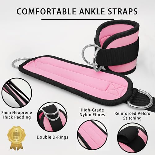 Fitness Ankle Straps for Cable Machines, 2 Pack Comfortable Adjustable Padded Ankle Wrist Cuffs, Kickback Glute Workouts for Men Women, D-Ring Leg Straps with Neoprene Padding - color: yy-Black-Pink