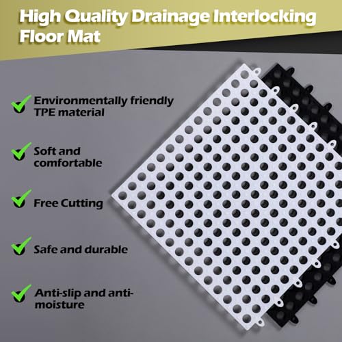 Tinideya 50 Pcs Drainage Interlocking Floor Tiles, 12'' x 12'' Soft TPE Non Slip Shower Floor Tiles for Pool Bathroom Shower Balcony Patio Locker Room Basement Stairs(Black and White) - color: Black and White