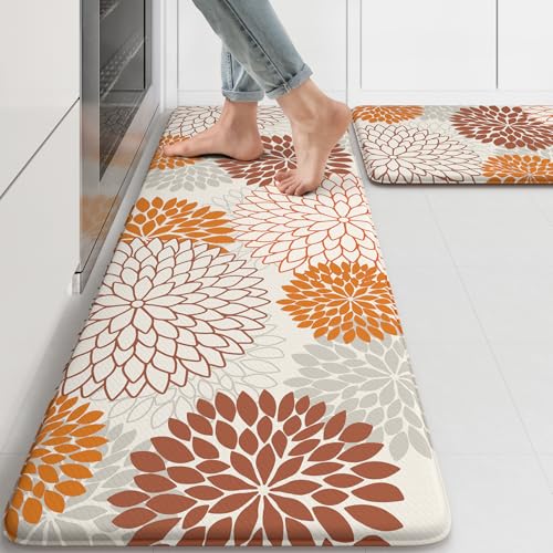 KIMODE Kitchen Mats for Floor Anti Fatigue, 17"x47"+17"x29" Dahlia Floral Kitchen Floor Mats,Farmhouse Kitchen Rugs Non Slip Cushioned, Comfort Standing Desk Mat for Sink, Laundry, Desk Orange - color: Orange, size: 17.3" x 47 "+ 17.3" x 29 "--0.47 inches