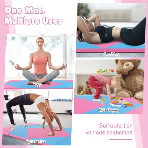 Goplus Gymnastics Mat, Folding Tumbling Mat with Carry Handles, Hook & Loop Fasteners, 4 Panels for Fitness Exercise Yoga Stretching Aerobics Workouts, Thick Gym Mats for Home - color: Blue&Pink