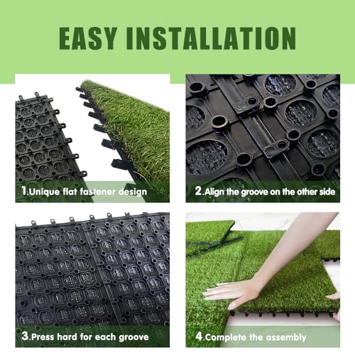Qingbei Rina Artificial Grass Turf Tiles, 12"x12"/9 Pack | Highly Permeable,Interlocking System,Anti-UV,Non-toxic Recycle Repeat,Indoor Outdoor Faux Grass Rug