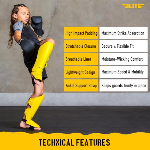 Elite Sports Muay Thai MMA Kickboxing Boys and Girls Shin Guards for Age 4 to 14 Years, Instep Guard Sparring Protective Leg Shin Kick Pads for Kids - color: Yellow, size: Medium