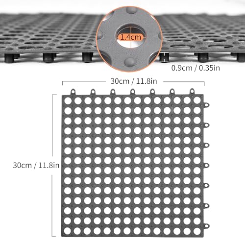 12Pack 12" x 12", Interlocking Rubber Floor Tiles Soft PVC Non-Slip Tile Splicing Shower Mat Outdoor Cushion Mat for Bathroom, Deck, Drain, Pool, Patio, Balcony, Kennel Grey