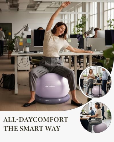 Trideer Yoga Ball Chair with Base for Office Desk, Exercise & Stability Ball Seat, Pilates Ball for Core Training, Pregnancy Ball, Back Pain Relief & Active Sitting - color: Lavender, size: L(23-26inches/58-65cm)