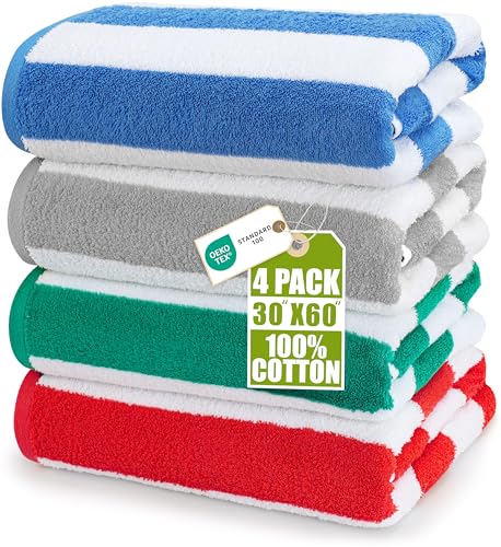 Utopia Towels Pack of 4 Cabana Beach Towels, Oversized 30 x 60 Inches Cotton Beach Towel Set, Smooth Ring Spun Texture for Pool and Swim Days, Modern Striped Design Bath Towels - color: Blue, Grey, Red, Green, size: 30 x 60 - 4 Pack