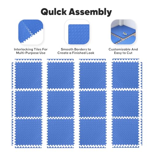 16 Pack 64 sqft Home Gym Mat, Puzzle Exercise Mat, of EVA Interlocking Foam Floor Tiles for Home Workout Equipment and Kids' Play Areas - Blue, 24 in x 24 in x ½ in - 16 Tiles (Blue, 16 Pack 64 sq ft) - color: Blue, size: 16 Pack(64 SF)