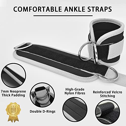 Fitness Ankle Straps for Cable Machines, 2 Pack Comfortable Adjustable Padded Ankle Wrist Cuffs, Kickback Glute Workouts for Men Women, D-Ring Leg Straps with Neoprene Padding - color: grey