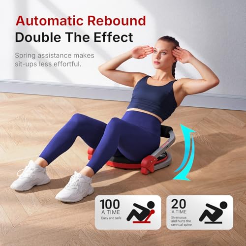 MERACH Ab Machine, Sit Up Exercise Equipment with 3 Adjustable Resistance Levels, Automatic Rebound Ab Crunch Machine for Core Workout, Ab Workout Equipment for Stomach - style: Round(Red)