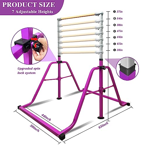 Foldable & Moveable Gymnastics Horizontal Bar with Rings,3’to 5’Adjustable Height Expandable Junior Kip Bar for Home,Indoor Gym Equipment for Kids - style: Foldable Purple with Rings