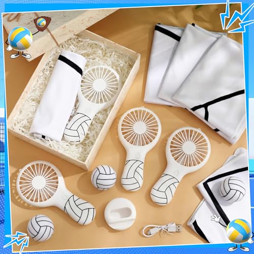 Woanger 24 Pcs Volleyball Cooling Towels and Fans Sets Mini Handheld Fans Bulk 3 Speeds USB Lash Towel for Sporting Volleyball Gifts for Team Games Party Favor - style: Volleyball