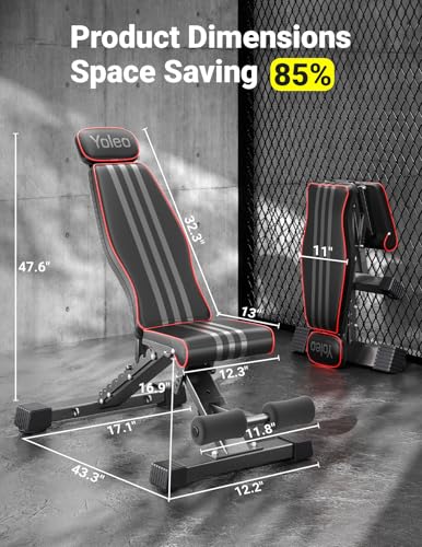 YOLEO Adjustable Weight Bench for Home Gym, ASTM-Certified 827LBS, 98% Pre-Assembled, Foldable Gym Bench with 84 Positions Incline Decline Flat, Wider Seat - size: XL