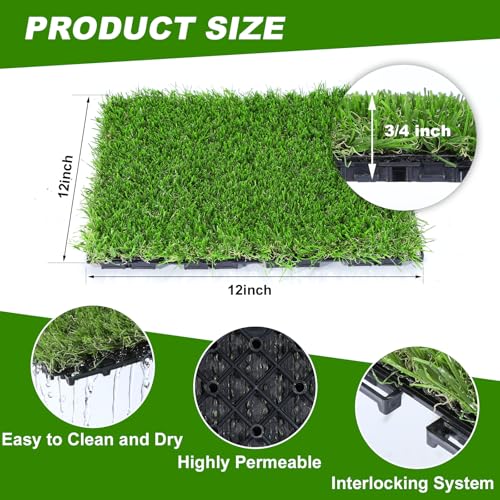 Artificial Grass Tiles Interlocking Turf Squares Deck 9 Pack -12"x12" Indoor Outdoor Faux Grass Rug with Drainage Holes-Fake Grass Tiles Self-draining for Garden Lawn Landscape Balcony Decoration