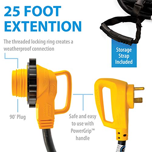 Camco Power Grip 25-Ft 30 Amp RV Extension Cord w/90° Locking End - Rated for 125V / 3,750W - Features Threaded Locking Ring for Weatherproof Connection & 10-Gauge Copper Wire (55524) (Pack of 2) - size: 25-Foot (Pack of 2), style: 90° Locking End
