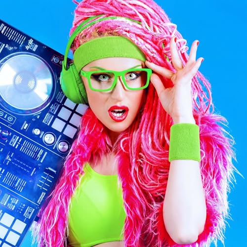 Bememo 6 Pcs Neon Sports Sweatbands Set Sports Competitions Sweatbands 2 Headband 4 Wristbands Breathable Terry Cloth Athletic Bands for Team Soccer Spirit 80s Costumes Cosplay - color: Neon Green