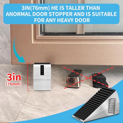 AIMAXINKE Door Stoppers for Bottom of Door- Large Spring Heavy Duty Door Stop Wedge, 3'' High Adjustable Metal Tall Doorstop, Strongest Rubber Grip, Suits Carpet, Tile, Home, School +1 Wall Protector - color: Silver-1pack-Metal