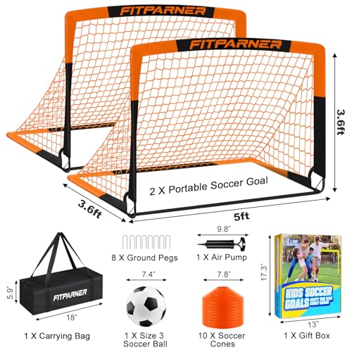 Kids Soccer Goals for Backyard Set - 2 Pack of Portable Pop Up Soccer Nets with Ball,Cones,Complete Training Equipment Kit for Toddler,Youth,Kids Age 3-14,Outdoor Sports Game - color: Orange Black, style: 6x4 FT
