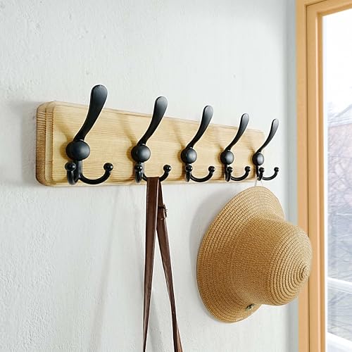 Dseap Coat Rack Wall Mount - Heavy-Duty Robust Rustic Wooden Wall Coat Hanger Hook Rail with 5 Triple Hooks for Winter Jacket & Hat Clothing, Light Brown & Black - color: Light Brown & Black, size: L=17.4"