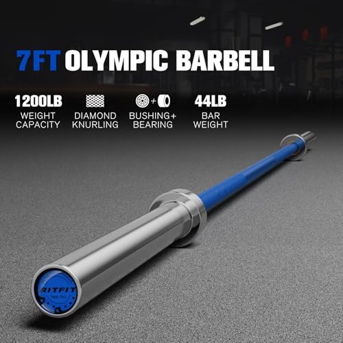 RitFit Elite 7ft Olympic Barbell, Robust 45lb Barbell for Weightlifting and Powerlifting, Superior Olympic Bar with Exceptional 500lbs Load Capacity, Weight Bar for 2” Standard Plates - color: Silver/Blue, size: 7 ft 1200 lb 45 lb without Collar
