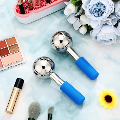 Baderke 2 Pcs Ice Globes for Face Stainless Steel Cooling Globes Unbreakable Cooling Roller Women Ice Balls Cryo Sticks Facials Skin Care for Dark Circles, Puffiness(Silver (Blue Handle)) - color: Silver (Blue Handle)