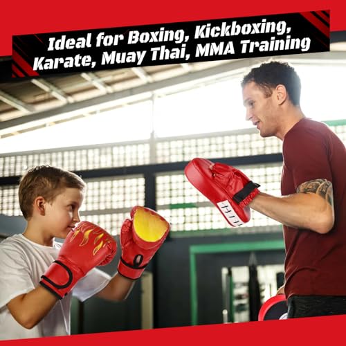 4-in-1 Boxing Gloves and Punching Mitts Set for Boys & Girls, Kids Boxing Gloves Focus Pads with Hand Wraps, Boxing Reflex Ball, Boxing Equipment Set for MMA Karate Muay Thai Taekwondo