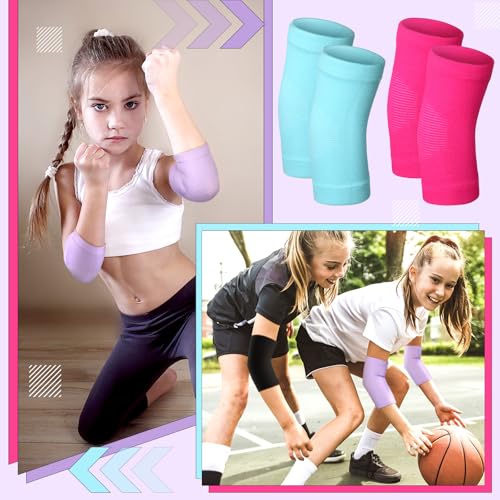 Lenwen 4 Pairs Kids Elbow Brace Compression Arm Elbow Sleeve Knit Guard Gym Protectors for Boys Teen Children Girls Basketball Volleyball Tennis Cycling(5-10 Years,Black, Purple, Rose Pink, Sky Blue) - color: Black, Purple, Rose Pink, Sky Blue, size: 5-10