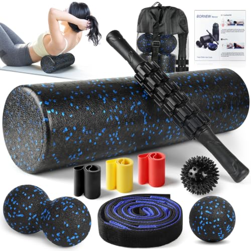 7 in1 Foam Roller Set for Deep Tissue Muscle Massager - High Density Back Roller, Muscle Roller Stick, Resistance Bands, Foot Massage Ball, Stretching Strap for Exercise, Whole Body Physical Therapy - color: Black Blue