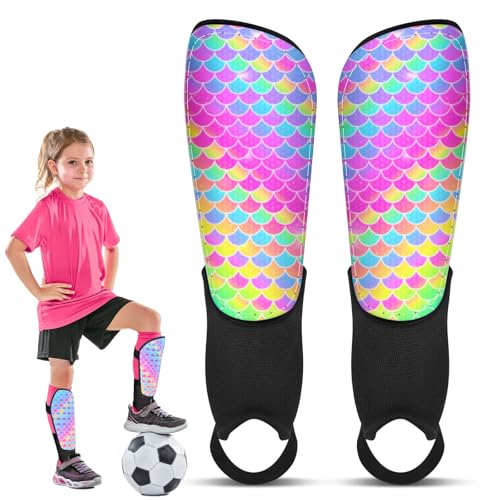 Soccer Shin Guards for Kids Girls Toddler, Shin Pads Shin Guard Equipment with Ankle and Leg Calf Protection Shin Guards Soccer for Kids 2-7 Years - color: Rainbow Mermaid
