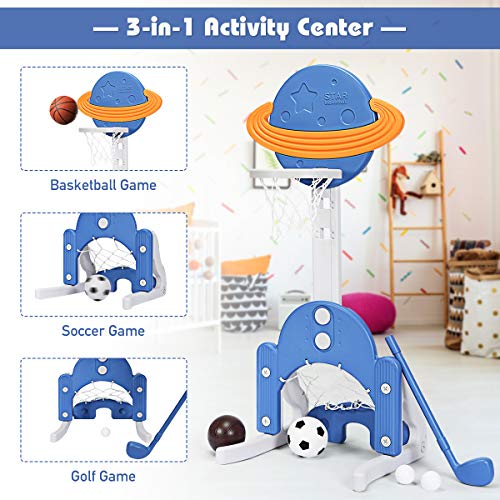 Costzon Kids Basketball Hoop, Toddler Sports Activity Center w/ 5 Adjustable Height Levels, Basketball Soccer Golf Game Set, Indoor Outdoor Basketball Hoop Set Gift for Baby Infant - color: Blue Galaxy, size: 22.5" x 22.5" x 59.5''(L X W X H)