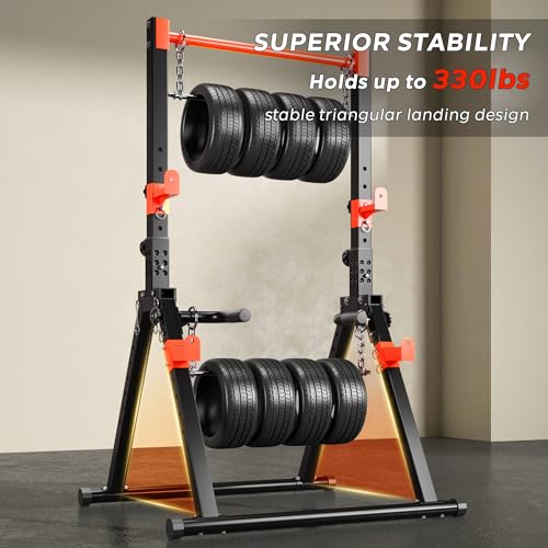 SogesHome Power Tower Dip Station Pull Up Bar for Home Gym, Adjustable & Foldable Multifunction Fitness Workout Station with Triangular Stability Design for Strength Training - color: Black Red