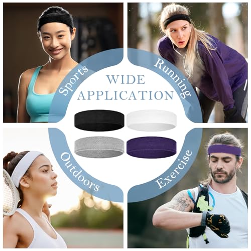 4 Pack Cotton Terry Sweat Headbands for Men Women Running Gym | 4 pack soft cotton terry headbands, Stretch 7 to 15 inches, Sweat-wicking, stays put for running, tennis, basketball & yoga - color: Black/Gray/Purple/White