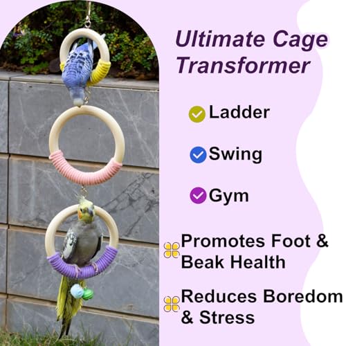3-Ring Bird Wooden Swing with Bell Climbing Toy Chewable Cotton Rope Perch for Cage Cockatiels Budgies Parakeets Lovebirds 17 Inch