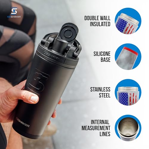 Ice Shaker Insulated Stainless Steel Shaker Bottle | 26oz, American Flag | Cold for 30+ Hours | Insulated Cup with Twist-on Agitator | Odor-Free Shaker Cup for Protein Shakes, Smoothies, Cocktails - color: American Flag