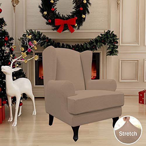 Easy-Going Stretch Wingback Chair Sofa Slipcover 2-Piece Sofa Cover Furniture Protector Couch Soft with Elastic Bottom, Spandex Jacquard Fabric Small Checks, Camel - color: Camel