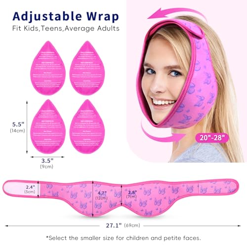 Wisdom Teeth Ice Pack Head Wrap for Pain Relief - Cold Hot Therapy for Face, Jaw & Oral Surgery with 4 Gel Packs, TMJ, Tooth Extraction, Tonsillectomy Recovery - color: Pink