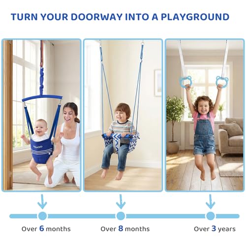 Slevoo Kids Doorway Jumper Swing & Pull-Up Bar Gym, Fits 38"-45" Hallway Doorway, 4-in-1 Indoor Exercise & Play Equipment for Toddlers & Kids