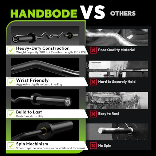HANDBODE Olympic EZ Curl Bar, Curling Barbell, 4 FT And 6.2 FT Options | 500-700 LB, Rackable Longer Version, 2-Inch Sleeves, Angled Grips, Bicep Training, Tricep Extensions, Preacher Workouts - color: 6.2ft Curl Bar 35lb, Black