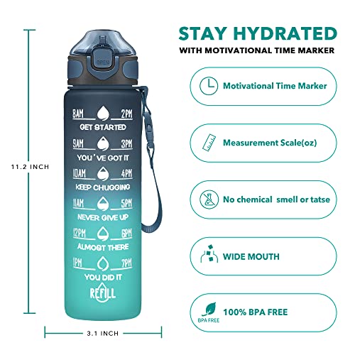 Enerbone 32 oz Drinking Water Bottle with Times to Drink and Straw, Motivational with Carrying Strap, Leakproof BPA & Toxic Free, Ensure You Drink Enough Water for Fitness Gym Outdoor - color: Navy Blue Green
