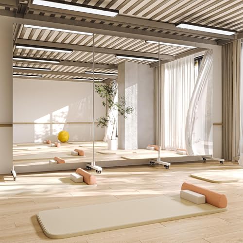 Hasipu 67" x 40" Large Full Length Rolling Mirror with Wheels, White | Tempered glass, sturdy metal frame, smooth rolling casters, removable stand, ideal for gym, bedroom, dance studio & yoga. - color: White, size: 67"L x 40"W