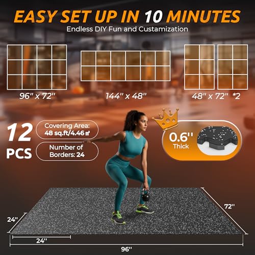 PRAISUN 0.6" Thicker Rubber Top Gym Flooring for Home Gym, 12 Pcs 48 Sq Ft Workout Mats, Exercise Mat, Interlocking Rubber Floor Mats with High Density EVA Foam for Garage, 24 x 24in, Black/Grey - size: 12 Tiles (48 Sq Ft)