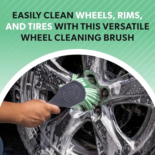 Chemical Guys, Wheelie Wheel & Exterior Brush for Rims & Tires, Soft, Green | Soft synthetic bristles clean rims, tires, grilles and emblems, safe on all wheel finishes with an easy grip - size: (Pack of 1), style: Wheelie
