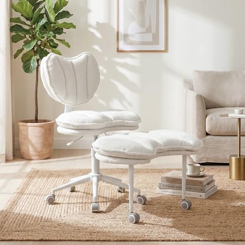 Cross Legged Office Chair with Wheels, 360 Swivel Height-Adjustable Double-Layer Padding Criss Cross Meditation Chair with Lumbar Support, Artificial Rabbit Hair Fabric, Ivory - color: Ivory, size: Heart Back with Rectangular Cushion