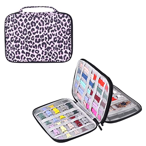 Watch Band Storage Case Watch Band Organizer Bag Watch Band Case and Storage Holder Watch Bands Holder Carrying Case Compatible with 35 Watch Straps and Accessories - color: Pink Leopard