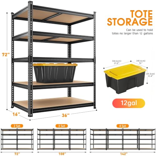 REIBII 2400LBS Garage Shelving 5 Tier Storage Shelves Heavy Duty, Adjustable Metal Shelving Unit,Garage Shelves for Basement,Warehouse,Pantry,Closet,Kitchen 72" H x 36" W x 16" D,2 Pack | Heavy Duty - color: Black
